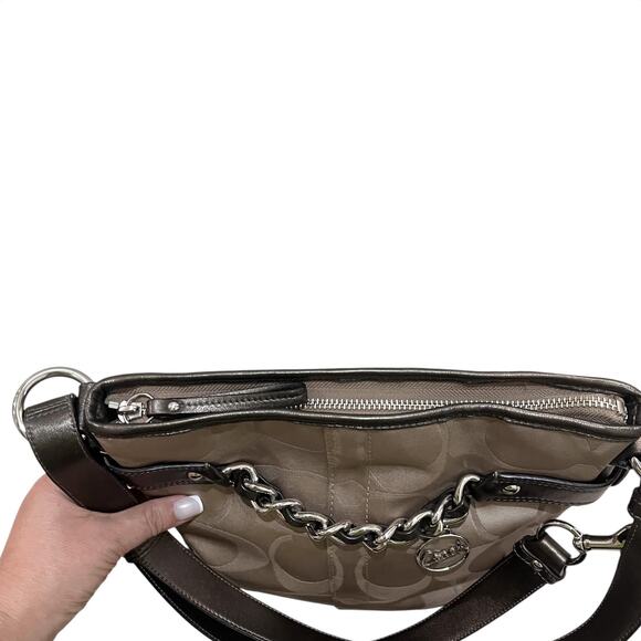 Coach Signature Crossbody Shoulder Bag Womens Brown Khaki Chain Leather Trim - Picture 8 of 12